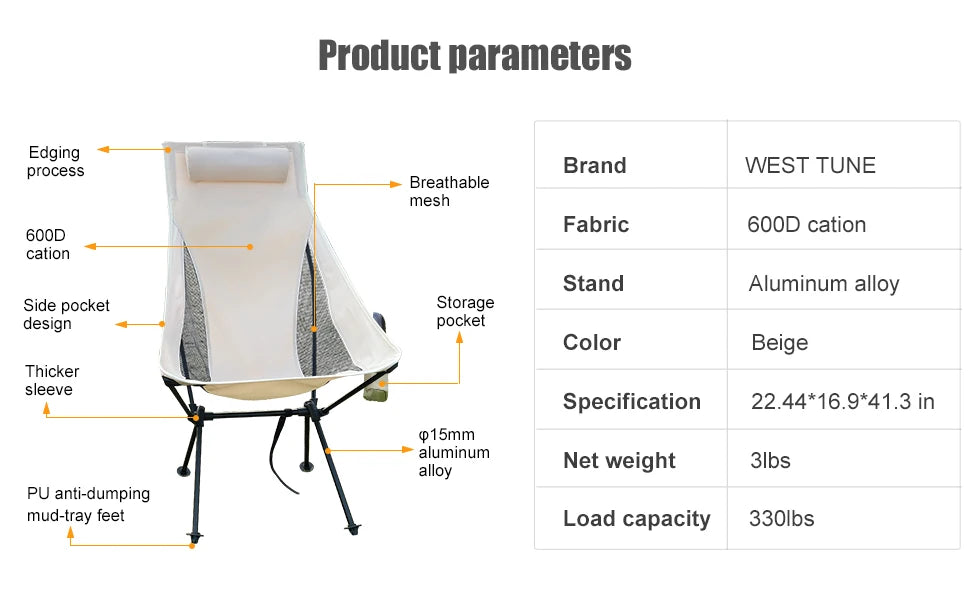 WESTTUNE Portable Folding Camping Chair with Headrest – Lightweight Aluminum Outdoor Chair